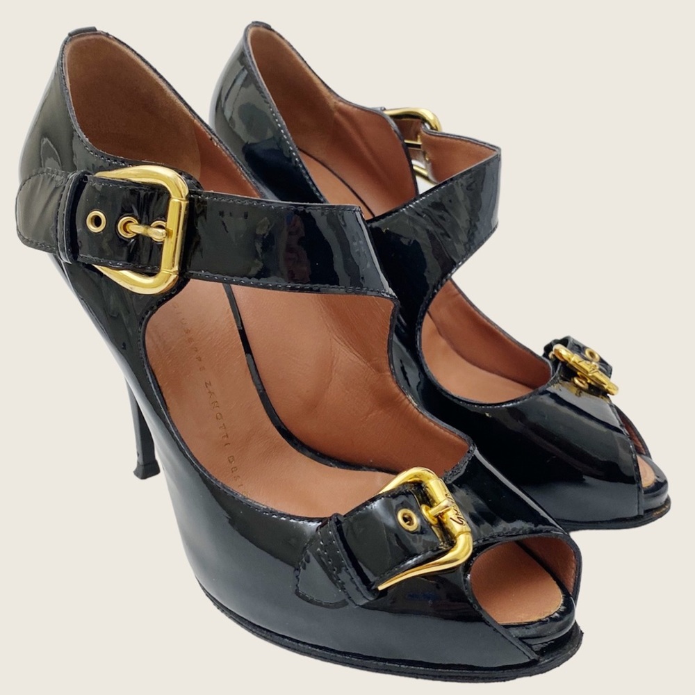 Giuseppe Zanotti Black Patent Gold Buckle Peep Toe Heels 37.5